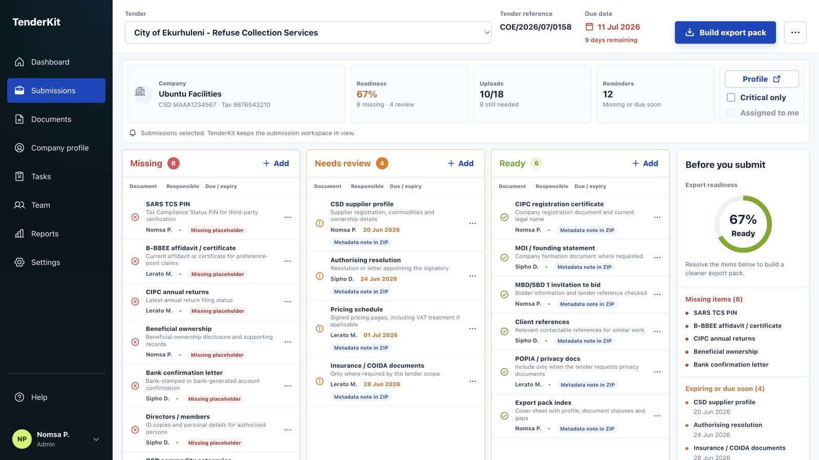TenderKit dashboard for consultant-supported tender admin workflows